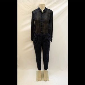 Zara Trafaluc Size Medium Navy Blue Tartan Plaid Long Sleeve Jumpsuit